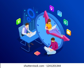 Isometric Effective time management concept. Business people plans and organizes working time, deals deadlines, achieve goals.