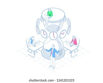 Isometric Effective time management in outline concept. Time management, planning, and organization of working time.