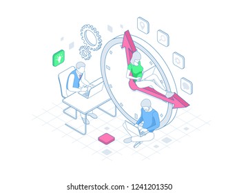 Isometric Effective time management in outline concept. Time management, planning, and organization of working time.