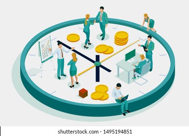 Isometric Effective time management in outline concept. Business people plans and organizes working time, deals deadlines, achieve goals.