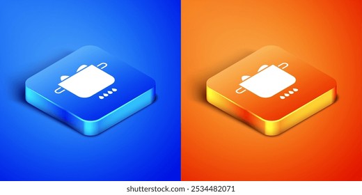 Isometric Egg in hot pot icon isolated on blue and orange background. Boiled egg. Happy Easter. Square button. Vector Illustration