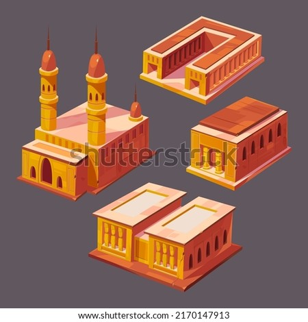 Isometric egyptian buildings, ancient landmarks. Vector set of old architecture in Egypt, historic buildings, arab Mosque, stone temples with pillars and statues isolated on background