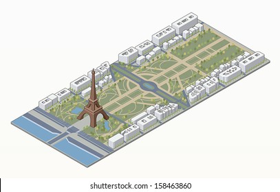 Isometric Eiffel tower and Champ de Mars in Paris in editable vector file
