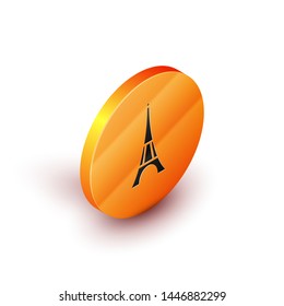 Isometric Eiffel tower icon isolated on white background. France Paris landmark symbol. Orange circle button. Vector Illustration