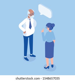 Isometric Elderly Business Man And Woman Standing And Having Conversation. Talking. Business People Team. Disscussing New Idea. Coworkers. Vector Isolated Isometric Characters.