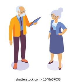 Isometric Elderly Business Man And Woman Standing And Having Conversation. Talking. Business People Team. Disscussing New Idea. Coworkers. Vector Isolated Isometric Characters.