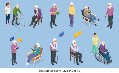 Isometric Elderly care. Elderly, old people, and senior people at home. Aged people. Grandparents, Aged seniors nurse care, Seniors