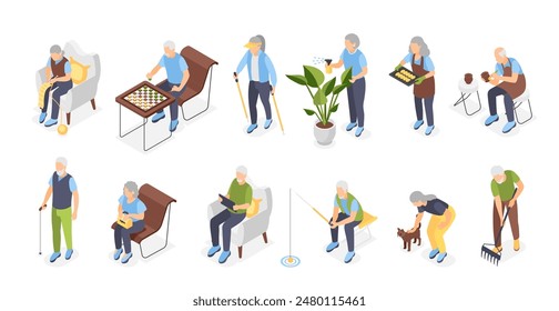 Isometric elderly characters. Old people hobbies, knitting fishing gardening reading and chess playing. Pension lifestyle flawless vector set