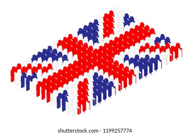 Isometric elderly man with cane icon pictogram in row, United Kingdom national flag shape concept design illustration isolated on white background, Editable stroke
