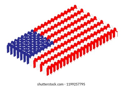 Isometric elderly man with cane icon pictogram in row, United States national flag shape concept design illustration isolated on white background, Editable stroke