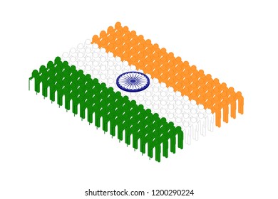 Isometric elderly man with cane icon pictogram in row, India national flag shape concept design illustration isolated on white background, Editable stroke