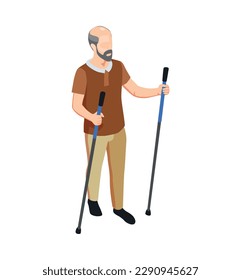 Isometric elderly man doing nordic walking vector illustration