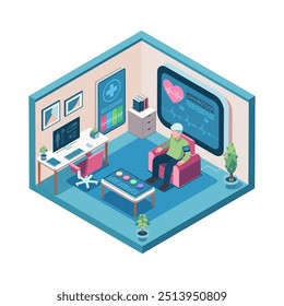 Isometric Elderly Man using Remote Patient Monitoring Technology at Home. Remote patient monitoring RPM and Telemedicine Concept