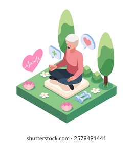 Isometric Elderly Meditating in a Park with Health and Wellness Icon. Healthy Aging Concept