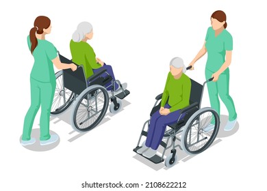 Isometric elderly patient in wheelchair and his caregiver at retirement home. Doctor take care of a man patient sitting in a wheelchair in a hospital.