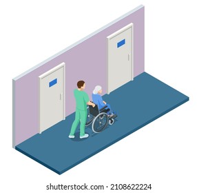 Isometric elderly patient in wheelchair and his caregiver at retirement home. Doctor take care of a man patient sitting in a wheelchair in a hospital.