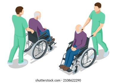 Isometric elderly patient in wheelchair and his caregiver at retirement home. Doctor take care of a man patient sitting in a wheelchair in a hospital.