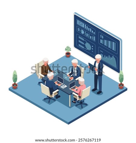Isometric Elderly People Working and Collaborating with Team. Elderly or Aging Workforce Concept