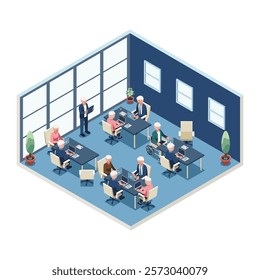 Isometric Elderly People Working in a Modern Office and Collaborating on Laptops and Tablet. Elderly or Aging Workforce Concept