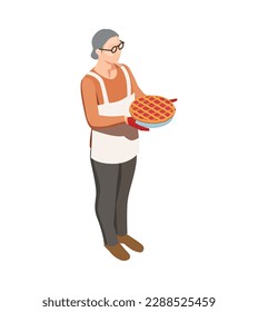 Isometric elderly woman wearing apron holding homemade pie vector illustration