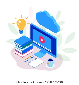 Isometric e-learning concept on tablet pc screen concept. Video webinar, online education, video tutorials vector illustration