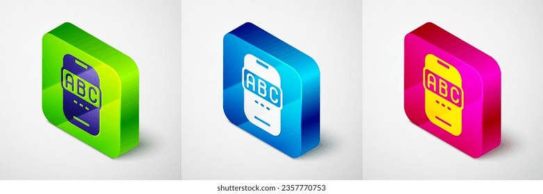 Isometric E-learning of different foreign languages through the mobile application icon isolated on grey background. Square button. Vector