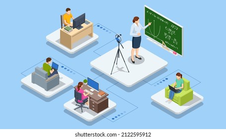 Isometric E-learning and Online Education for Student and University Concept. Webinar, Digital Classroom, Online Teaching Metaphors.