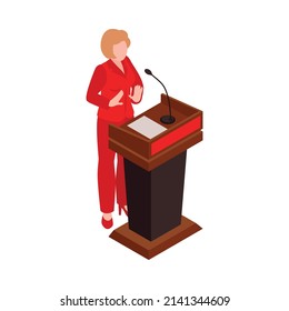 Isometric election icon with female politician participating in debate 3d vector illustration