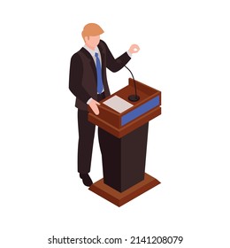 Isometric election icon with male candidate speaking at podium 3d vector illustration