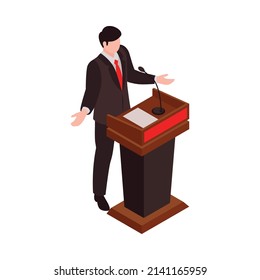 Isometric election icon with politician speaking at podium 3d vector illustration