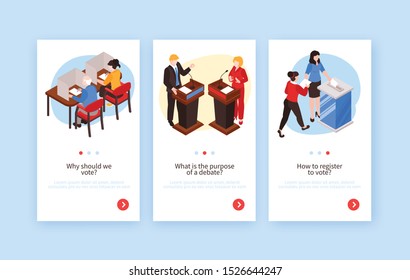 Isometric election vertical banners set with human characters of voters politicians editable text and page buttons vector illustration