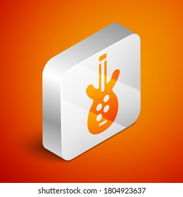 Isometric Electric bass guitar icon isolated on orange background. Silver square button. Vector.