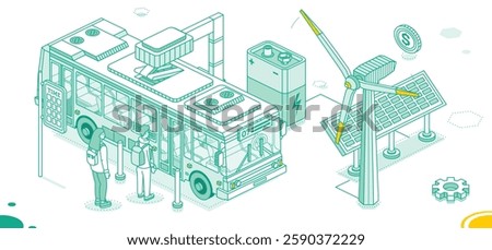 Isometric Electric Bus on Charging Station. Solar panels with wind turbines. Vector Illustration. Ecological Public Transport. Outline Concept. Battery. Green energy.