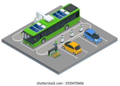 Isometric An electric bus, a bus that is powered by electricity. Ecological public transport