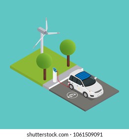 An Isometric Electric Car Is Charged At The Charging Station And Behind Them Is A Wind Turbine.