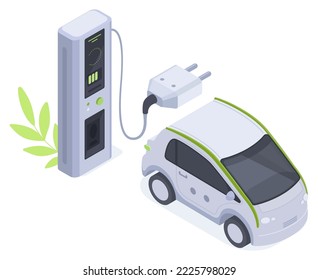 Isometric electric car charging, 3d charging station. Electric car, EV home charger station isolated flat vector illustration on white background