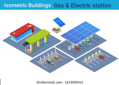 Isometric electric car charging and gas station flat vector collection