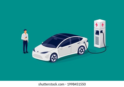 Isometric electric car charging parking at the charger station with a plug in cable. Flat vector illustration with waiting man and smartphone on colour background. Electrified transportation e-motion.