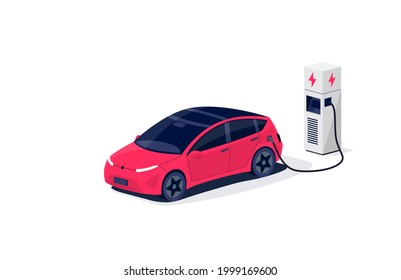 Isometric electric car charging parking at the charger station with a plug in cable. Isolated flat vector illustration with fast charge stall and plug in cable. Electrified transportation e-motion.