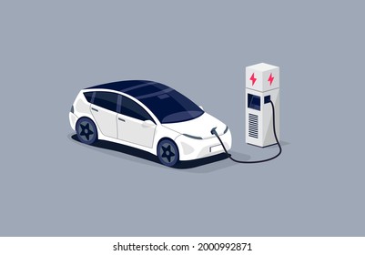 Isometric electric car charging parking at the charger station with a plug in cable. Isolated flat vector illustration with fast charge stall and plug in cable. Electrified transportation e-motion.