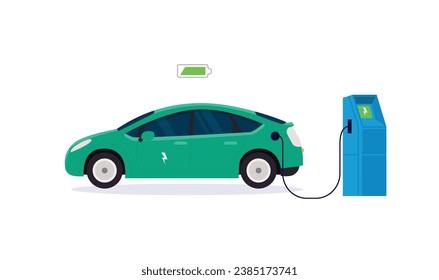 Isometric electric car charging parking at the charger station with a plug in cable. Flat vector illustration with waiting man and smartphone on colour background. Electrified transportation e-motion.