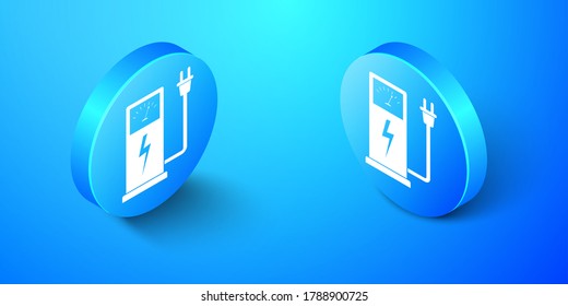 Isometric Electric car charging station icon isolated on blue background. Eco electric fuel pump sign. Blue circle button. Vector.