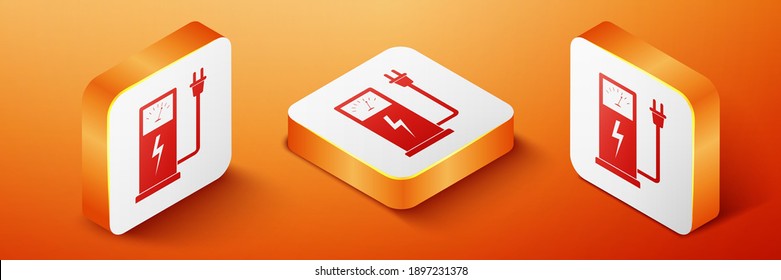 Isometric Electric car charging station icon isolated on orange background. Eco electric fuel pump sign. Orange square button. Vector.