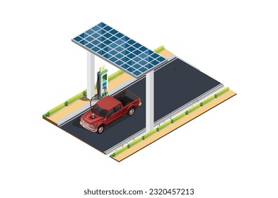 isometric of electric car charging station. isolated on white background