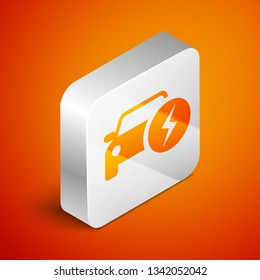 Isometric Electric car and electrical cable plug charging icon isolated on orange background. Renewable eco technologies. Silver square button. Vector Illustration