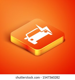 Isometric Electric car and electrical cable plug charging icon isolated on orange background. Renewable eco technologies.  Vector Illustration