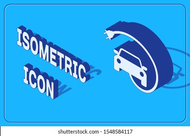 Isometric Electric car and electrical cable plug charging icon isolated on blue background. Renewable eco technologies.  Vector Illustration
