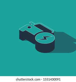 Isometric Electric car and electrical cable plug charging icon isolated on green background. Renewable eco technologies.  Vector Illustration
