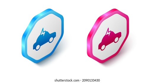 Isometric Electric car and electrical cable plug charging icon isolated on white background. Renewable eco technologies. Hexagon button. Vector