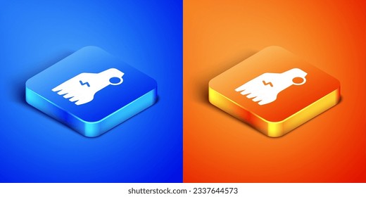 Isometric Electric car and electrical cable plug charging icon isolated on blue and orange background. Renewable eco technologies. Square button. Vector